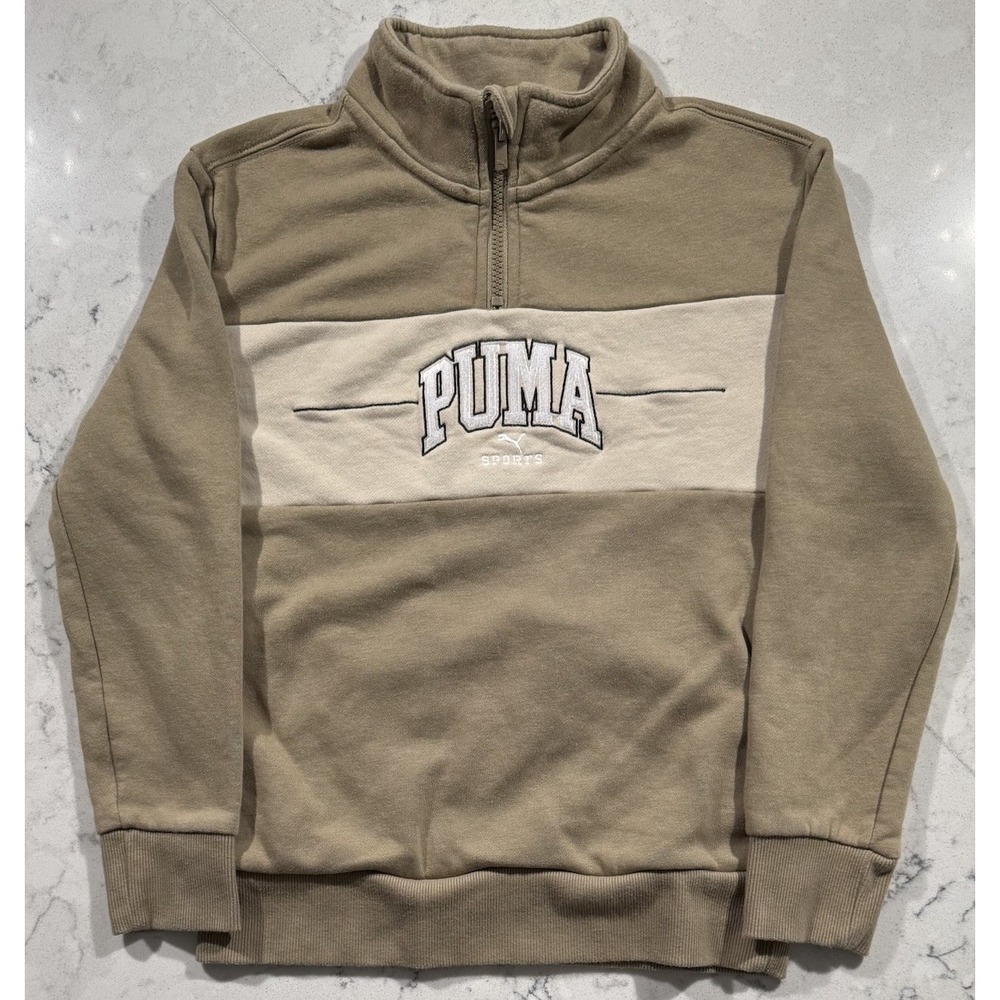 Puma Sports Quarter Zip Sweatshirt Youth Medium Taupe Khaki Colorblock Pullover
